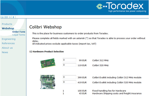  Toradex Colibri web shop - November 2005