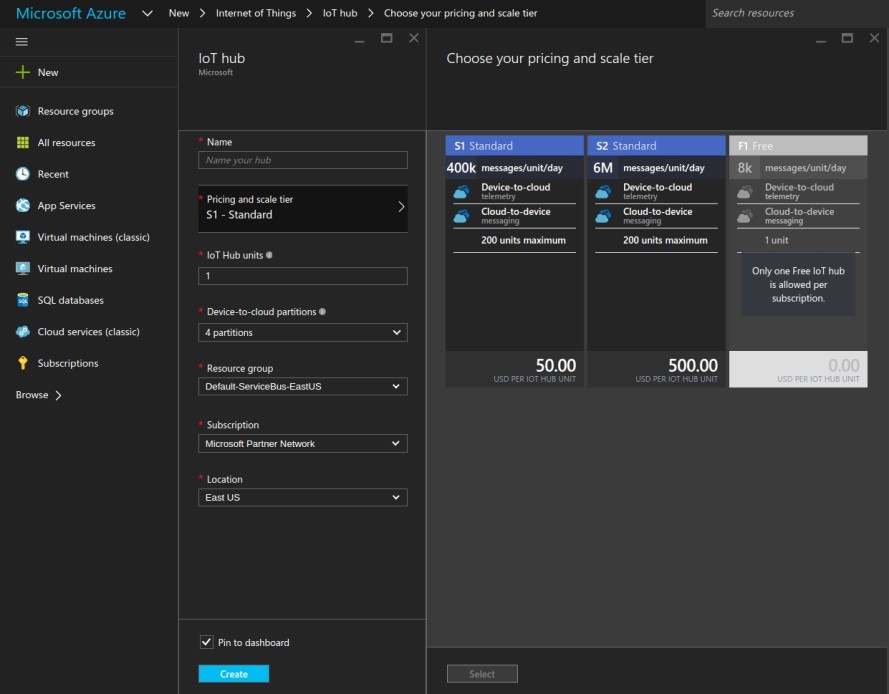 Creating an IoT Hub from the Azure Portal