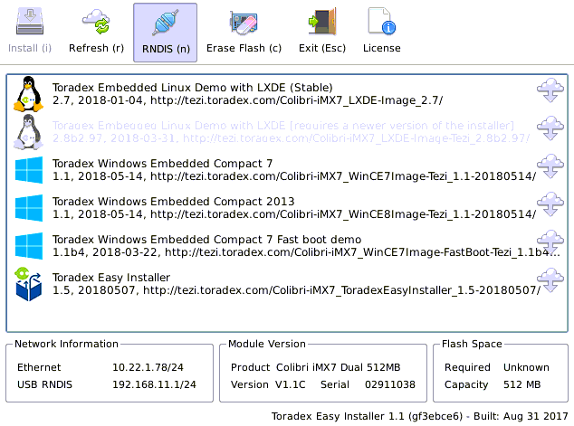Toradex Easy Installer showing a newer Image