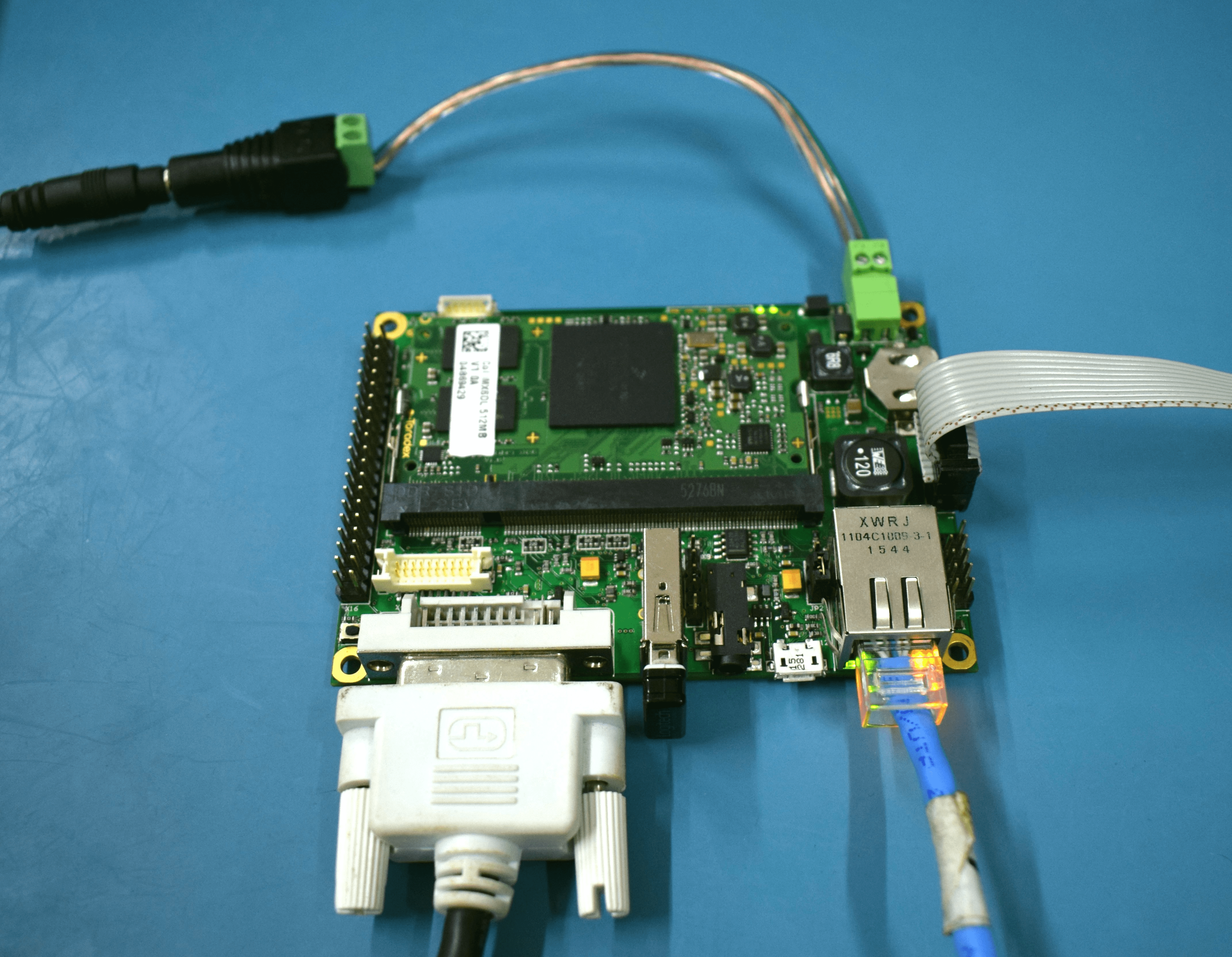 DVI to VGA adapter, Ethernet, USB keyboard and Power supply connected to the Iris Carrier Board
