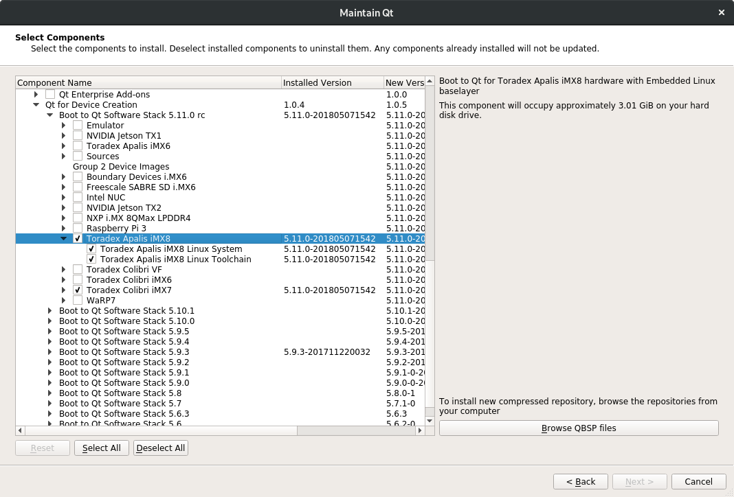 Toradex Computer on Module: Boot to Qt component selection (click to enlarge)