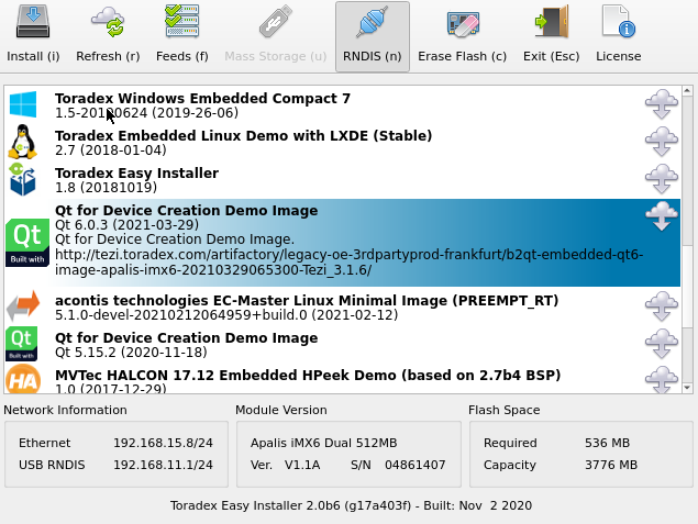 Installing Qt for Device Creation using the Toradex Easy Installer