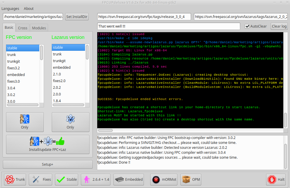 FPC and Lazarus successful installation log