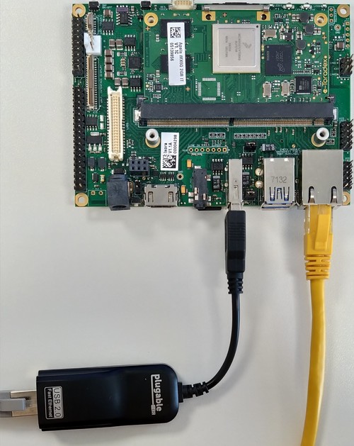 Board with the EtherCAT devices connected in Ethernet interface and additional Ethernet Interface through USB-Ethernet adapter