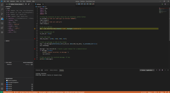 Python CAN Demo Application Debug With Torizon Extension On Visual Studio Code