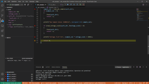 Debug Of Sample C Project For ADC In VS Code With Torizon Extension