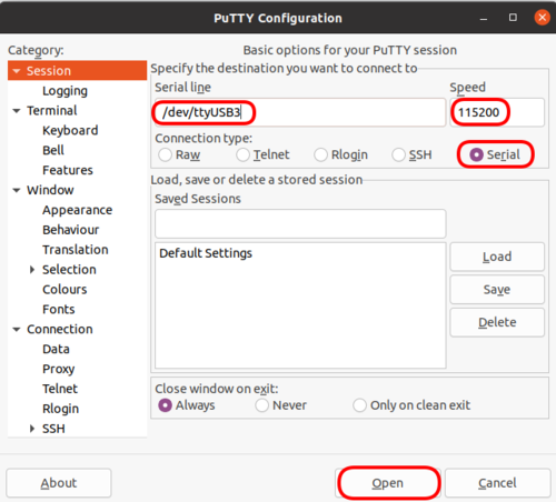 PuTTY Serial Configuration