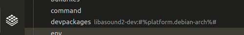 Screenshot of libasound2-dev:#%platform.debian-arch%# added to devpackages entry on Torizon Tab