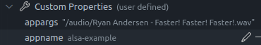 Screenshot of /audio/Ryan\ Andersen\ -\ Faster&#33;\ Faster&#33;\ Faster&#33;.wav added to appargs entry on Torizon Tab