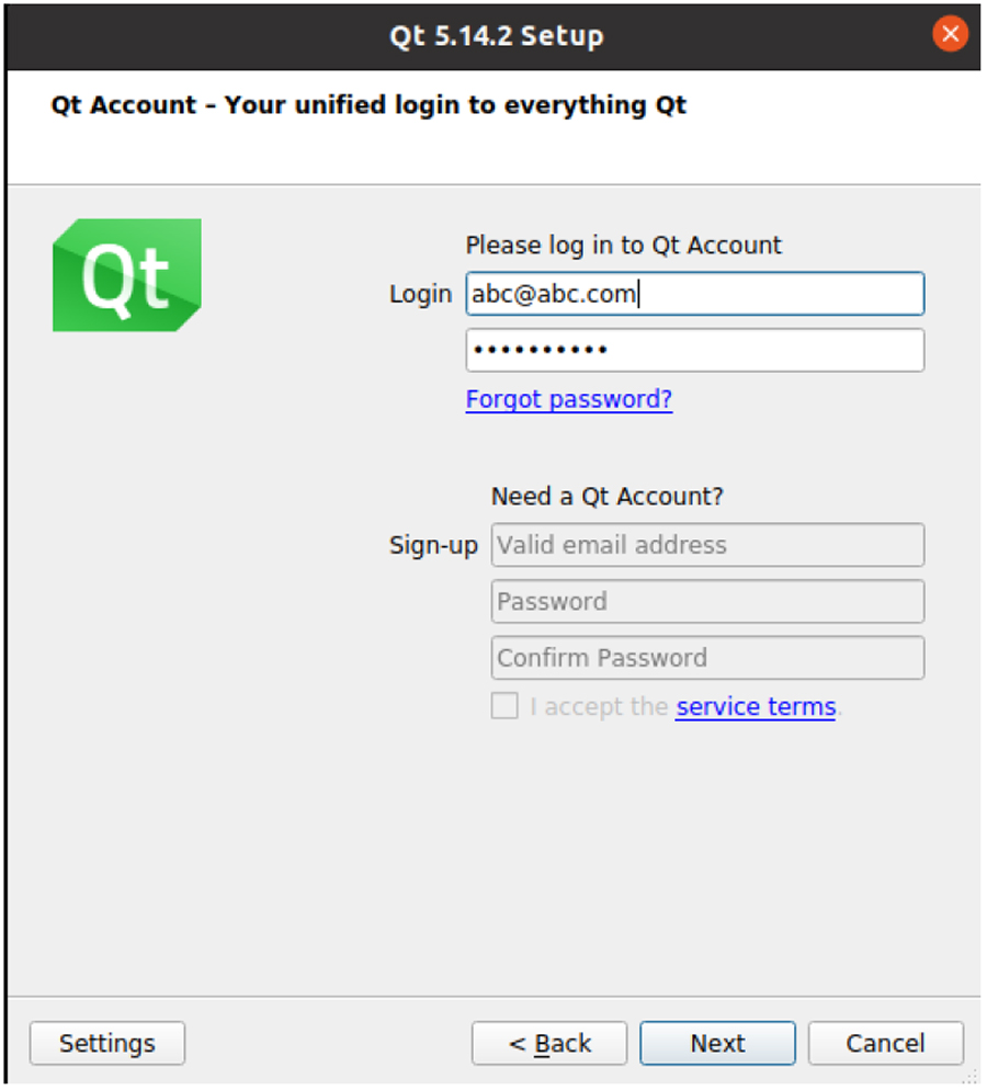 Qt Account - Setup screen