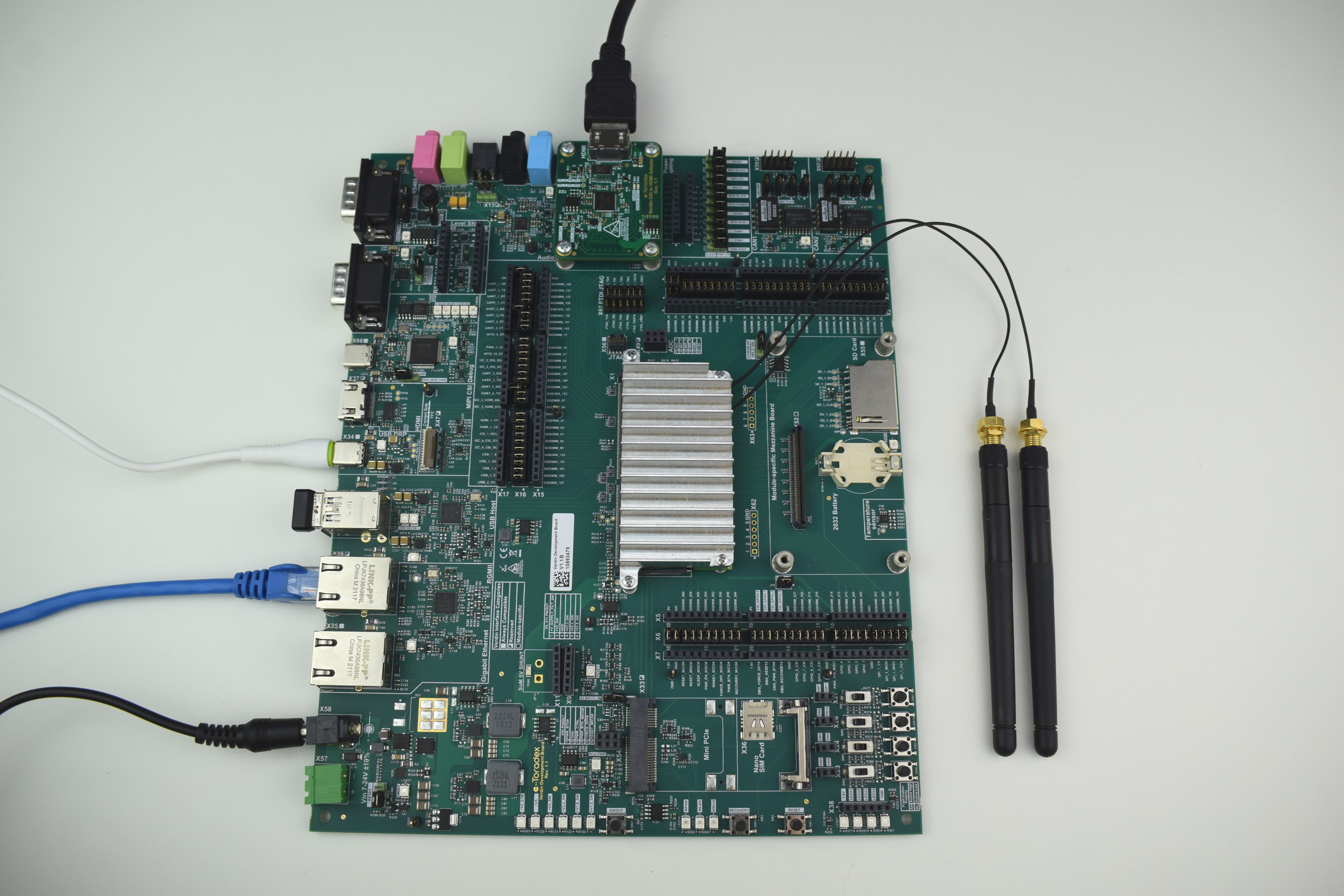 HDMI, Ethernet, USB keyboard, USB Type-C to Type-A cable and power supply connected to the Verdin Development Board