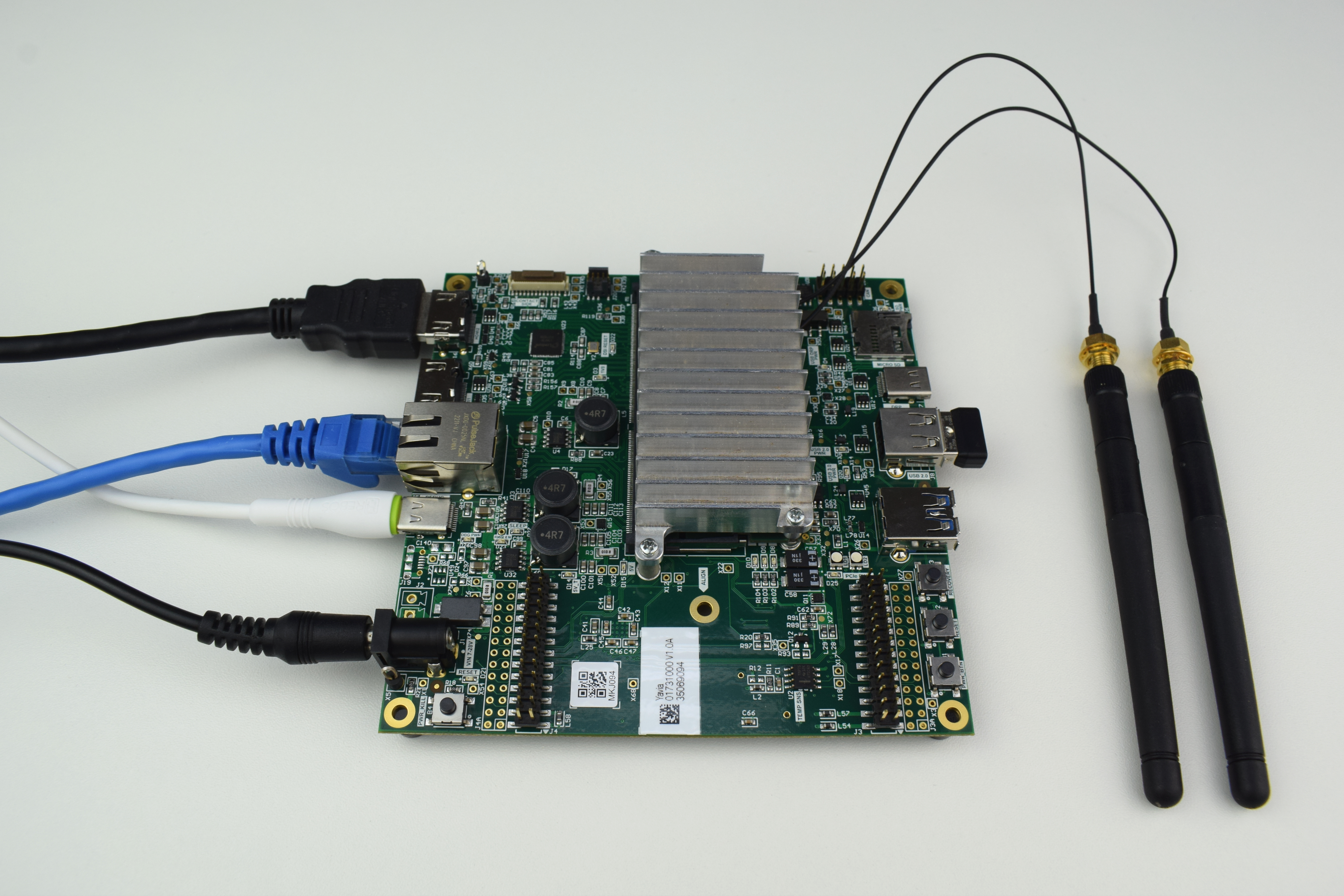 HDMI, Ethernet, USB keyboard, USB Type-C to Type-A cable and power supply connected to the Yavia Carrier Board