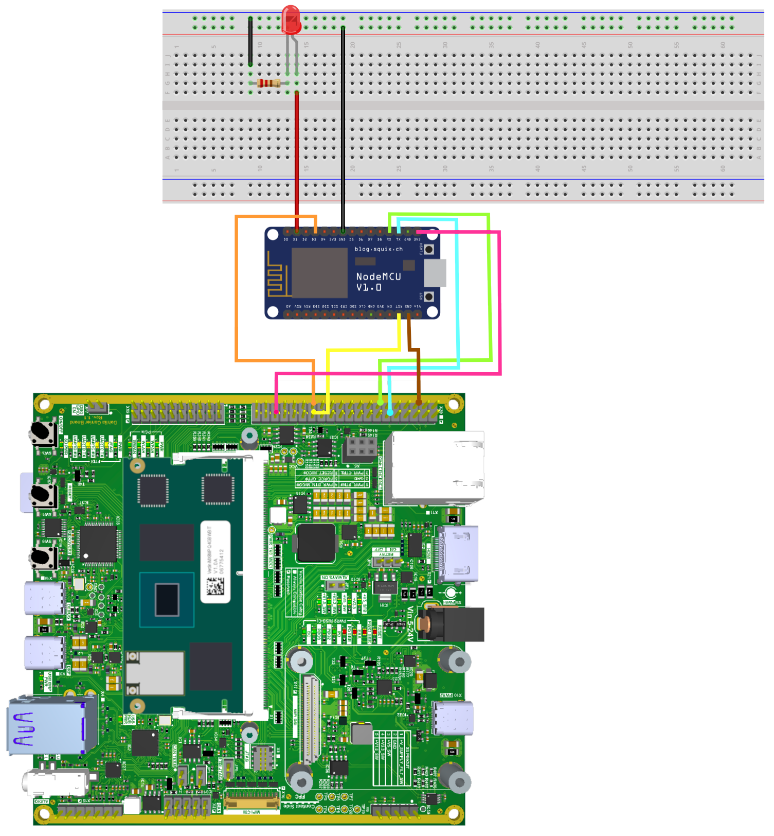 ESP8266 12-E NodeMCU connected to a Verdin iMX8MP and a Dahlia Carrier Board