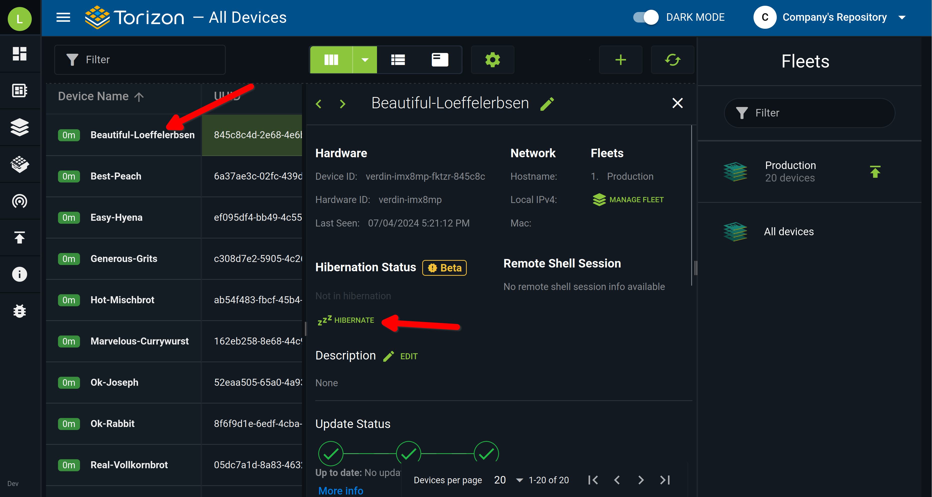 Enabling hibernation mode in a provisioned device