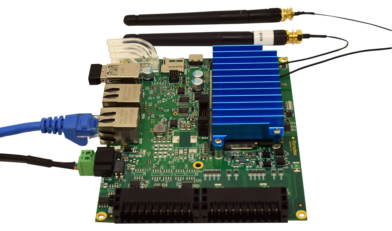 HDMI, Ethernet, USB keyboard, USB Type-C to Type-A cable and power supply connected to the Ivy Carrier Board Carrier Board