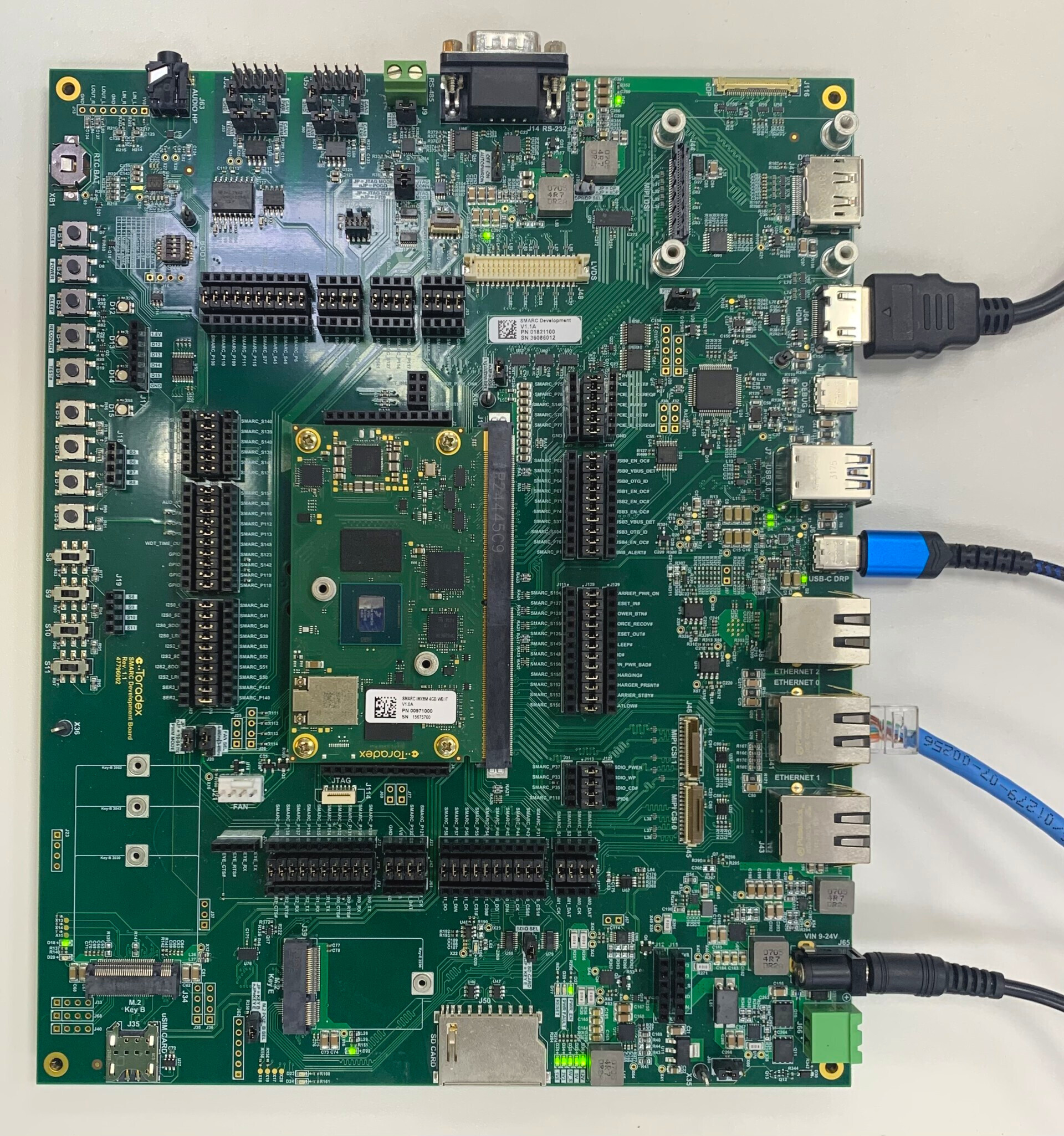 HDMI, Ethernet, USB keyboard, USB Type-C to Type-A cable and power supply connected to the SMARC Development Board