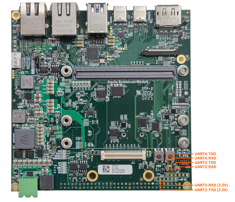 Highlight of the UART headers on the Clover Carrier Board Clover Carrier Board UART Highlight