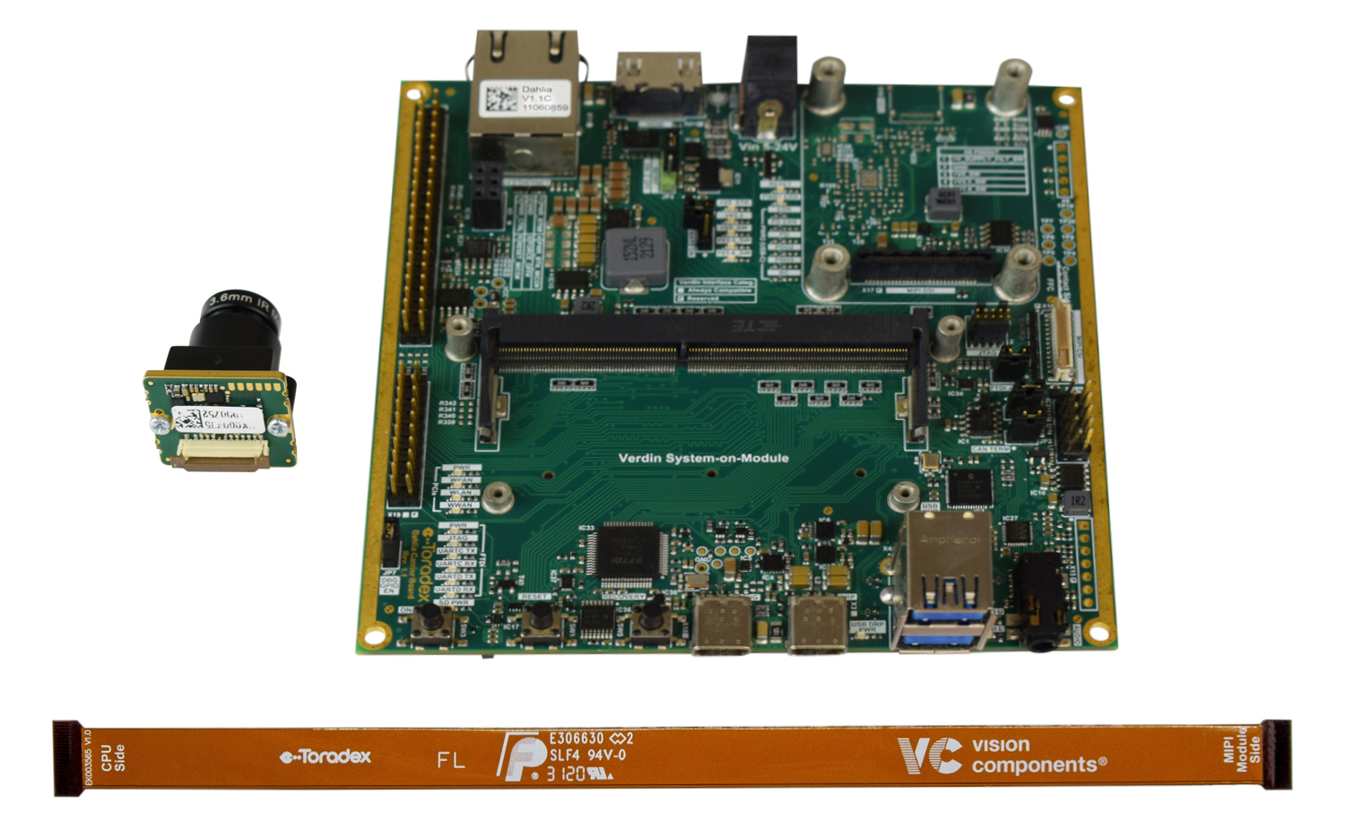 Vision Components camera module, cables, adapter, and carrier board