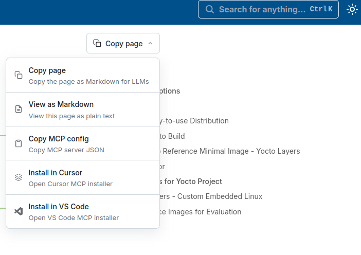 Toradex Developer Center Copy page menu with MCP configuration shortcuts